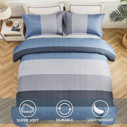 Comforter Set King Size, Reversible Blue Grey Striped Patchwork Down Alternative Comforter for Queen Bed,3 Pieces (1 Comforter+2 Pillowcases), Soft Microfiber Bedding Duvet Insert Set 104"×90"