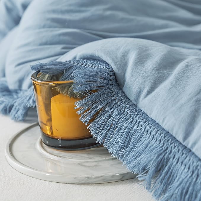 Andency Grayish Blue Comforter Set Twin Size, 2 Pieces Boho Tassel Lightweight Bedding Comforter Sets, All Season Soft Fluffy Fringe Bed Set (66x90In Comforter & 1 Pillowcase)