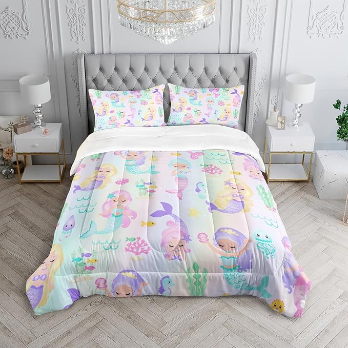 Rainbow Mermaid Comforter Set Twin/Full/Queen Size Fairy Tale Sea Shell Grass Bedding Set Starfish Jellyfish Quilt Bed Set for Kid Girls with 1 Comforter and 2 Pillowcases