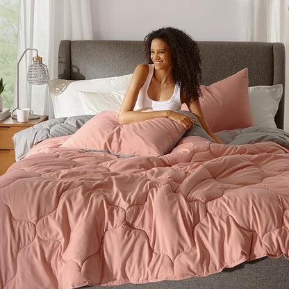 Comfort Spaces Vixie Reversible Comforter Set - Trendy Casual Geometric Quilted Cover, All Season Down Alternative Cozy Bedding, Matching Sham, Coral/Gray, Twin/Twin XL 2 piece