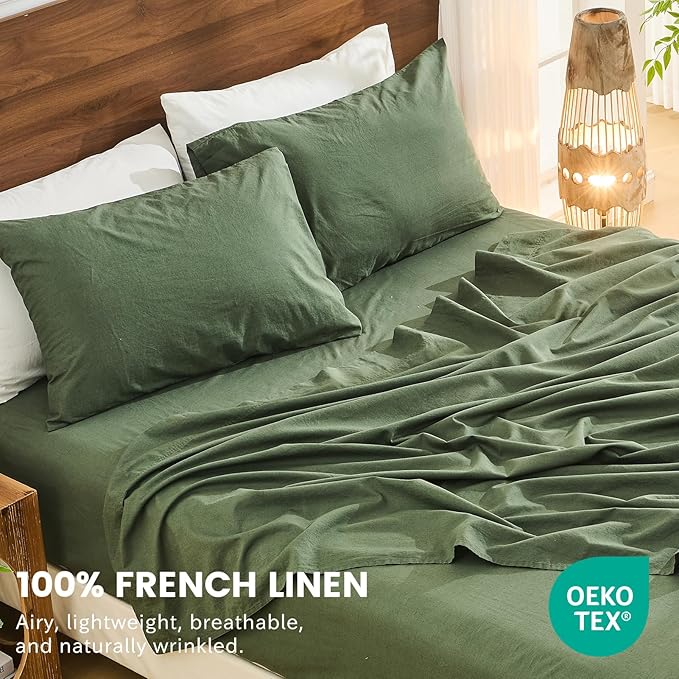 Bedlifes 100% French Linen Sheets King Size 18-24”Extra Deep Pocket 4-Piece Set Breathable & Moisture-Wicking,Soft & Durable Sheets for Thick Mattresses((Forest Green)