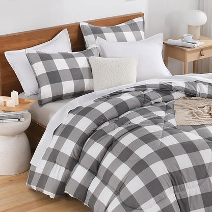 Andency Plaid Comforter Twin(66x90Inch), Gray White Checkered Gingham Buffalo Bed Set for Boys Teens, Lightweight Bedding, 2 Pieces(1 Comforter & 1 Pillowcase)
