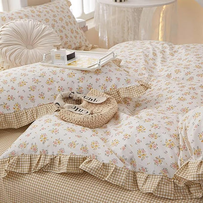 MKXI King Size Pink & Yellow Floral Ruffled Comforter Set - 3 Piece Cottagecore Style Reversible Bed Set with Beige Plaid Pattern, Soft Aesthetic Bedding Set for Girls Wome