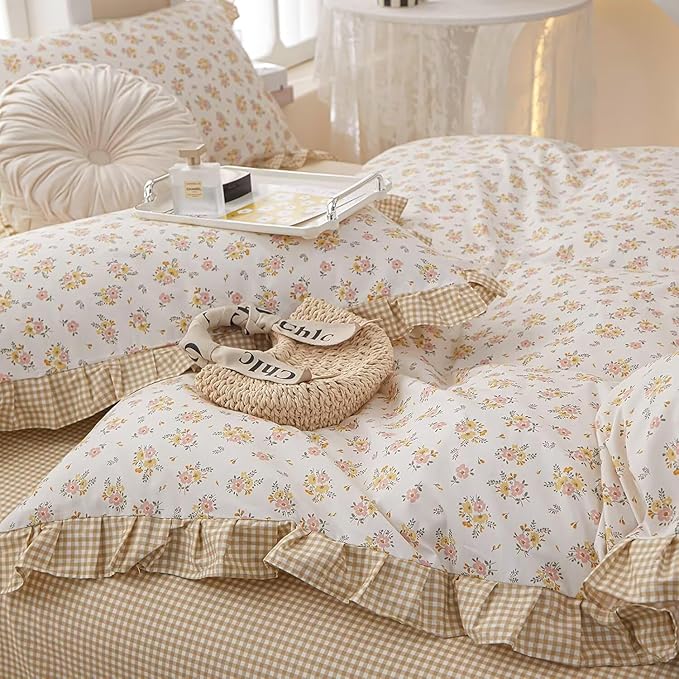 MKXI Full Size Pink & Yellow Floral Ruffled Comforter Set - 3 Piece Cottagecore Style Reversible Bed Set with Beige Plaid Pattern, Soft Aesthetic Bedding Set for Girls Wome