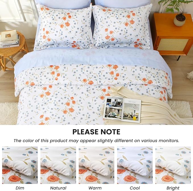MUXHOMO Orange Blossom Full Comforter Set, Elegant Floral Print Bed in a Bag 7 Pieces, Ultra Soft & Breathable Reversible Botanical Pattern Bedding Set with Comforter, Sheets, Pillowcases, and Shams