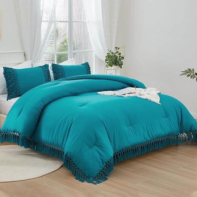 Andency Turquoise Comforter Set King, 3 Pieces Boho Tassel Lightweight Soft Bedding Comforter Sets for King Bed, All Season Fluffy Fringe Bed Set (104x90In Comforter & 2 Pillowcases)