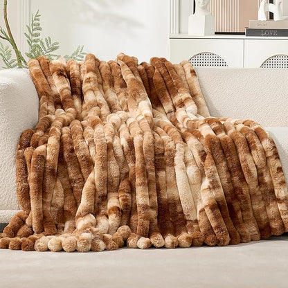 Cozy Bliss Faux Fur Throw Blanket for Couch, Cozy Warm Plush Striped Blanket for Sofa Bedroom Living Room, 90 * 90 Inches Tie-dye Brown