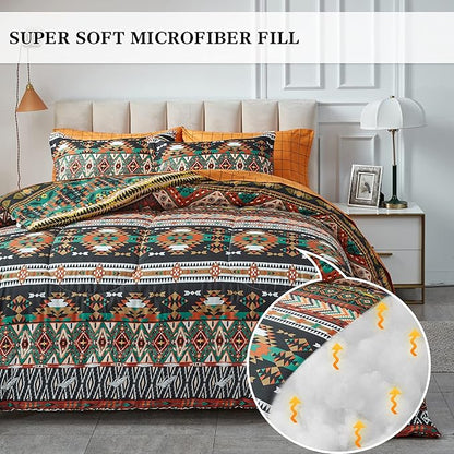 Flysheep Boho Bed in a Bag 6 Pieces Twin for Kids, Southwestern Bohemian Tribal Striped Printed, Reversible Bed Comforter Set (1 Comforter, 1 Flat Sheet, 1 Fitted Sheet, 2 Pillow Shams, 1 Pillowcase)