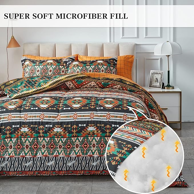 Flysheep Boho Bed in a Bag 7 Pieces King Size, Southwestern Bohemian Tribal Striped Printed, Reversible Bed Comforter Set (1 Comforter, 1 Flat Sheet, 1 Fitted Sheet, 2 Pillow Shams, 2 Pillowcases)