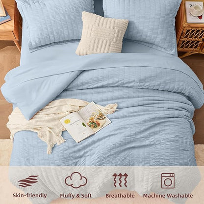 FUANNA Queen Comforter Set 7 Pieces, Luxury Seersucker Bed in a Bag Queen Size for All Seasons, Soft Bedding Set with Comforter, Flat Sheet, Fitted Sheet, Pillowcases & Shams for Bedroom, Grayish Blue