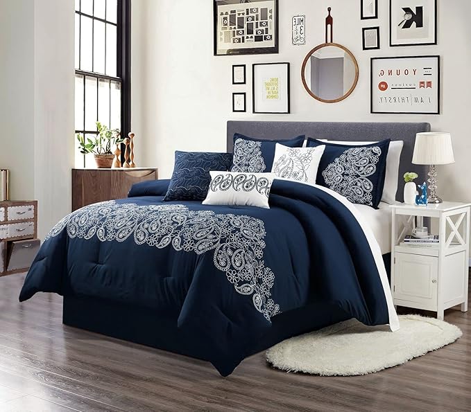 Chezmoi Collection Linz 7-Piece Navy/White Paisley Floral Scroll Embroidered Comforter Set, Queen