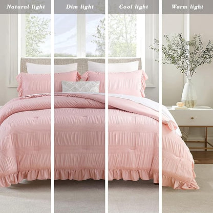 Blush Pink Seersucker Comforter Twin Size with Ruffled Edges, Ultra-Soft Pink Bedding Set 3 Piece Set, Light Weight Down Alternative Set(Blush Pink,Twin), Twin(68/''×90/'') (PPS)