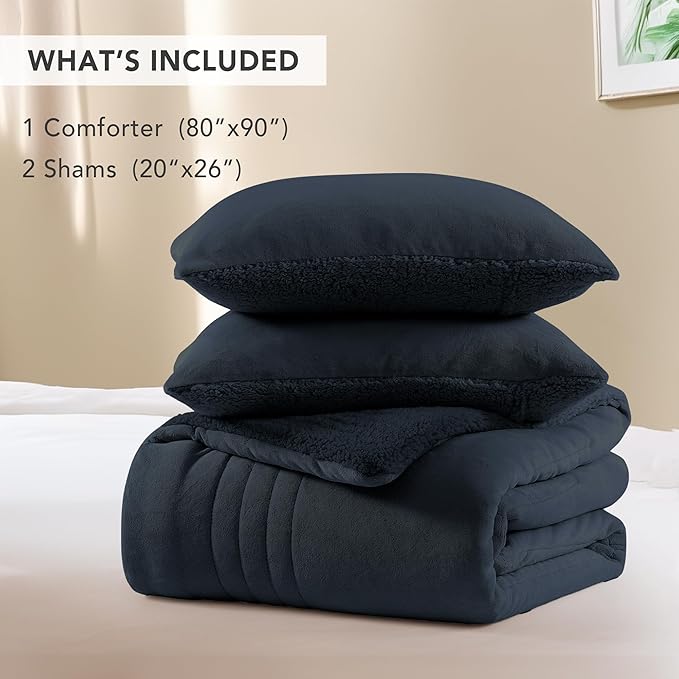 Monbix Fluffy Full Comforter Set Navy Blue, Sherpa Plush Fuzzy Comforter 3 Piece for Full Size Bed, Luxury Soft Winter Warm Bedding Set