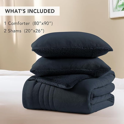 Monbix Fluffy Full Comforter Set Navy Blue, Sherpa Plush Fuzzy Comforter 3 Piece for Full Size Bed, Luxury Soft Winter Warm Bedding Set