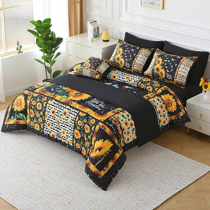 JQinHome Sunflower Comforter Set Queen for Girls Women,8 Piece Bed in A Bag 3D Black Sunflower Theme Butterfly Bedding Set with Sheet Set(Black)