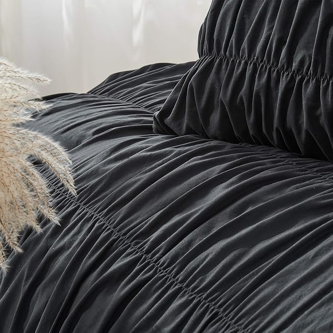 Bonlino Queen Comforter Set - Black Boho Shabby Chic Bedding for Bedroom - Fluffy 3 Piece Ruffle Comforter Set with Pillow