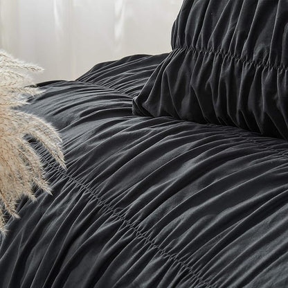 Bonlino Queen Comforter Set - Black Boho Shabby Chic Bedding for Bedroom - Fluffy 3 Piece Ruffle Comforter Set with Pillow
