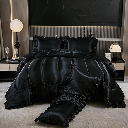 Black King Comforter Set Silk Like Satin Bedding Set Hotel Soft Polyester Black Bed Set Luxury Silky Body Pillow Cover with Quilt Set Ruffle Down Comforter Home Decor