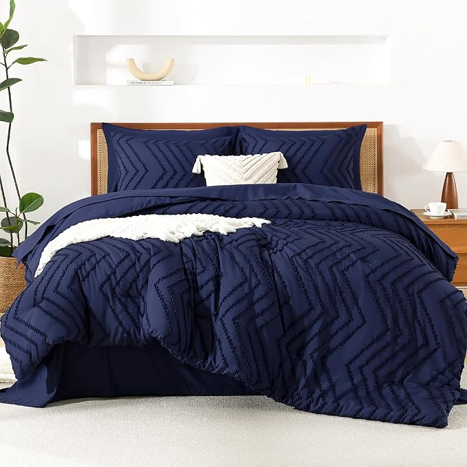 Litanika Queen Size Comforter Set with Sheets Navy Blue - 7 Pieces Bed in a Bag Queen Chevron Tufted Complete Bedding Sets with Comforter, Sheets, Pillowcases & Shams