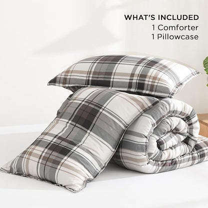 Andency Gray Brown Black Plaid Comforter Set Twin(66x90 Inch), 2 Pieces Grid Gingham Stripes Bedding Comforter Sets for Boys Girls Kids Teens, Preppy Geometric Line Soft Lightweight Reversible Bed Set