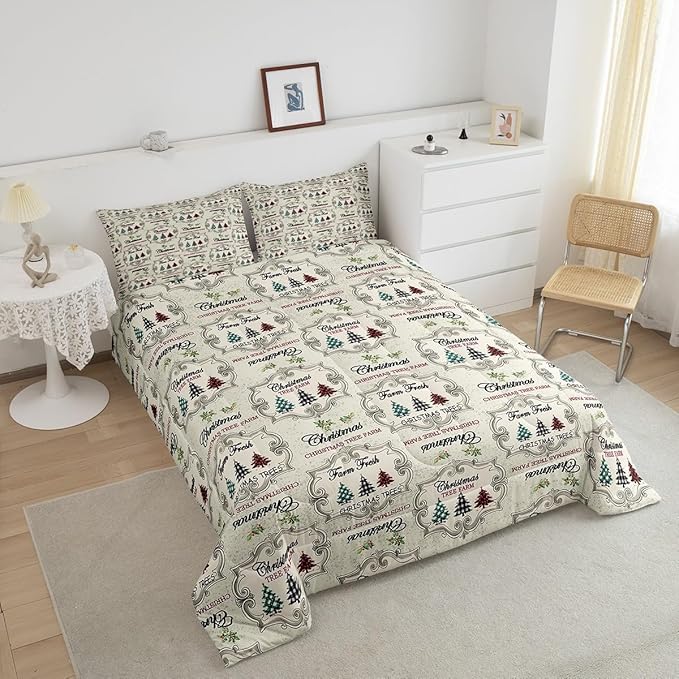 Christmas Tree Comforter Set Queen Size,Kids Colorful Stars Candy Snowflake Reversible Printed Bedding Set,Girls Boys Room Decor,Red Green Plaid Quilt Set Vintage Khaki Graffiti Duvet Insert 3Pcs