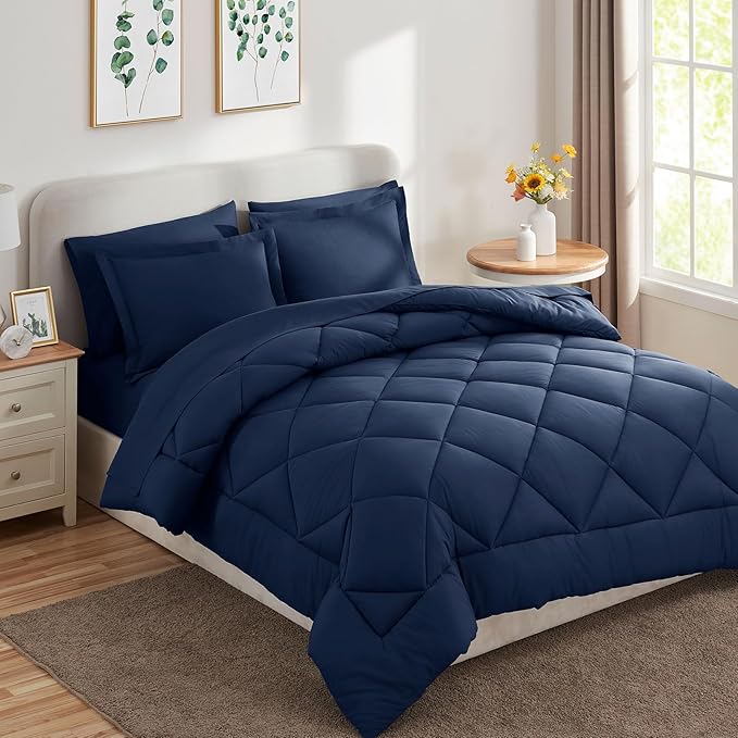 CozyLux California King Comforter Set Navy Blue - Cal King Bed in a Bag 7 Pieces, Luxury Soft Bed Set for All Seasons, Bedding Set with Down Alternative Comforter, Sheets, Pillowcases & Shams