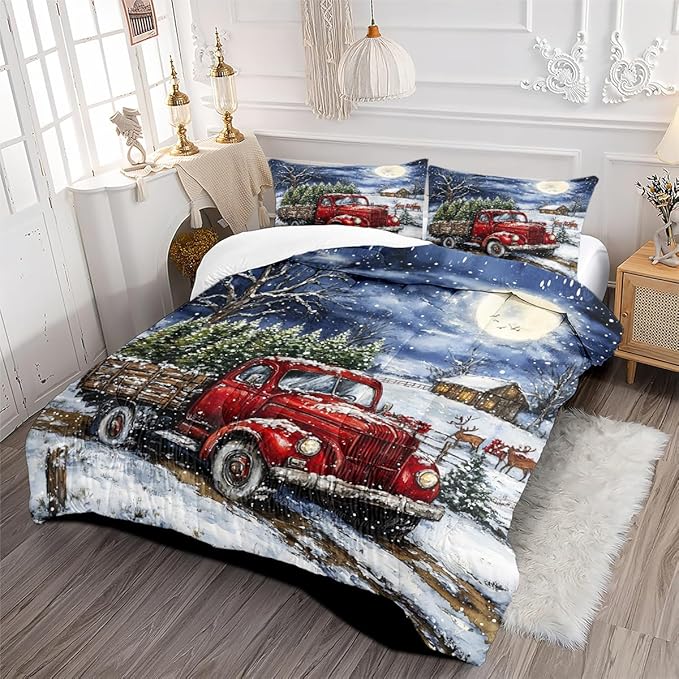 Red Truck Comforter Set Queen Size, Blue White Xtmas Trees Bedding Set for Kids Girls, Moon Snowflake Holiday Decor Comforter,3Pcs Soft Warm Bed Set with 2 Pillowcases(90 * 90)