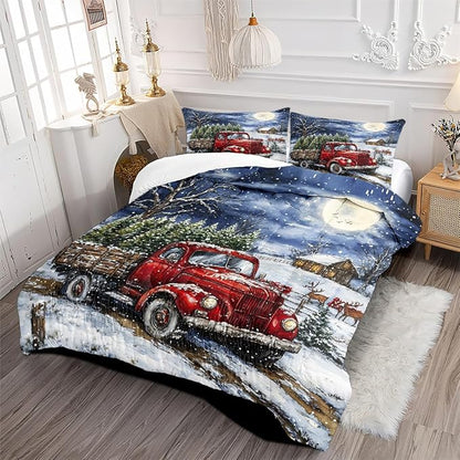 Red Truck Comforter Set Queen Size, Blue White Xtmas Trees Bedding Set for Kids Girls, Moon Snowflake Holiday Decor Comforter,3Pcs Soft Warm Bed Set with 2 Pillowcases(90 * 90)