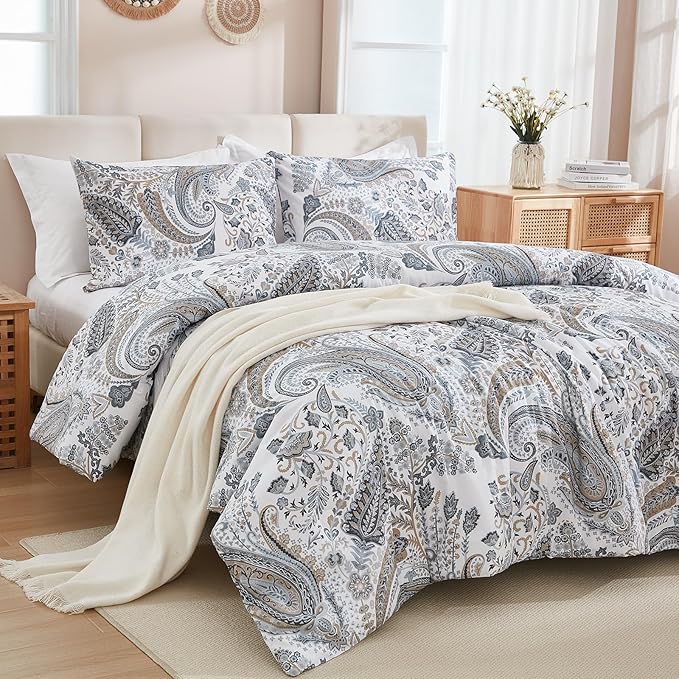 Grey Blue Paisley Comforter Set King Size 3 Pieces 100% Cotton Boho Paisley Pattern Bedding Set All Season Soft Cotton Lightweight Reversible Comforter