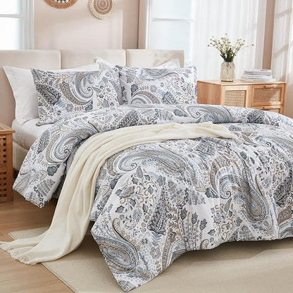 Grey Blue Paisley Comforter Set King Size 3 Pieces 100% Cotton Boho Paisley Pattern Bedding Set All Season Soft Cotton Lightweight Reversible Comforter