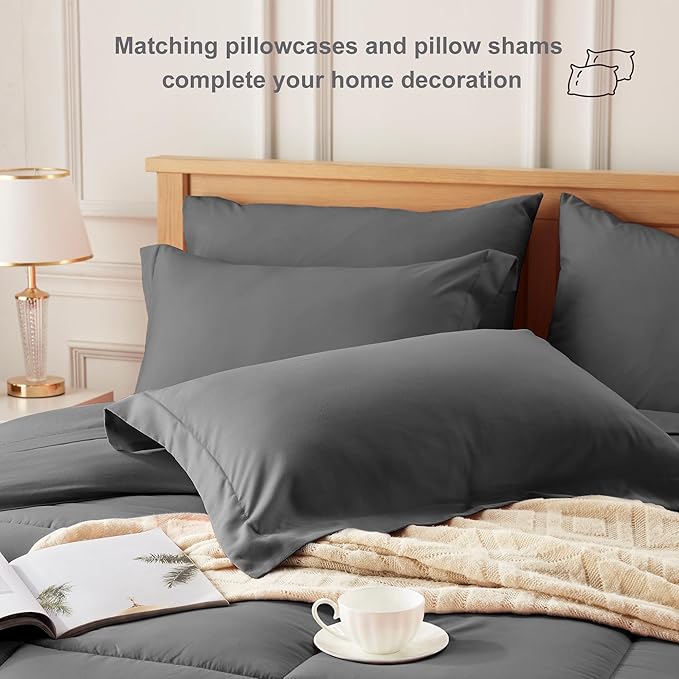 Newspin Queen Comforter Set Dark Grey - Bed in a Bag Queen Size 7 Pieces, All Season Bed Set, Fluffy Comforter Set with Sheets, Sheet Set Quilt Blanket, Pillowcases & Shams