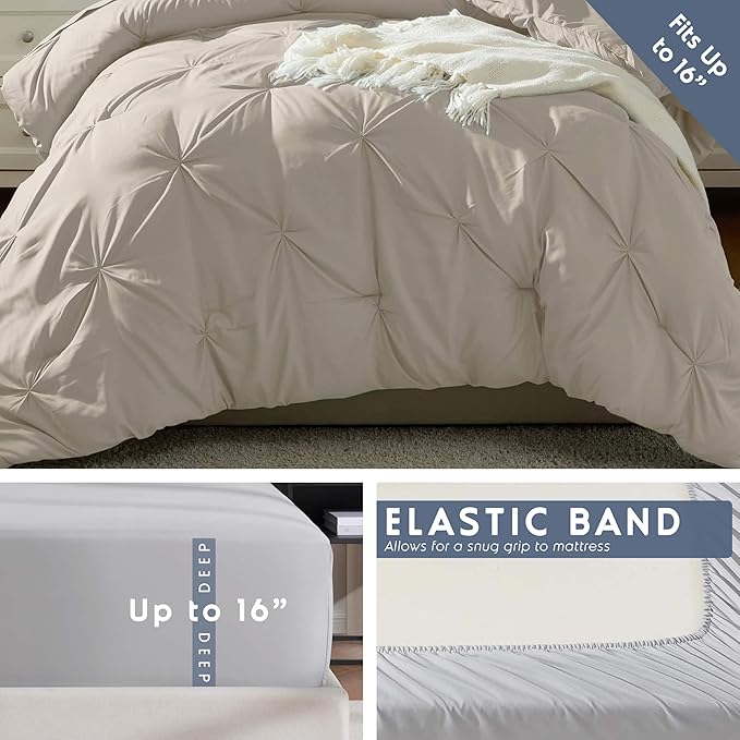 Nestl Twin Comforter Set 5 Piece - Pintuck Twin Bedding Sets Beige, College Dorm Room Essentials for Girls and Boys Bed in a Bag Twin All Season, Twin Comforter Set with Sheets, Pillowcase and Sham