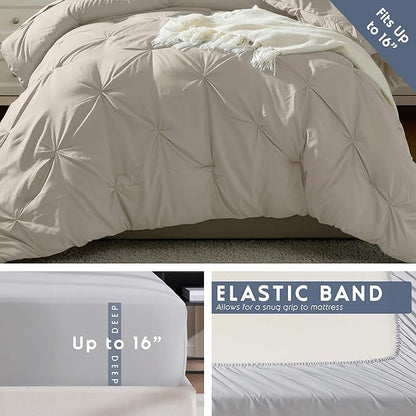 Nestl Twin Comforter Set 5 Piece - Pintuck Twin Bedding Sets Beige, College Dorm Room Essentials for Girls and Boys Bed in a Bag Twin All Season, Twin Comforter Set with Sheets, Pillowcase and Sham