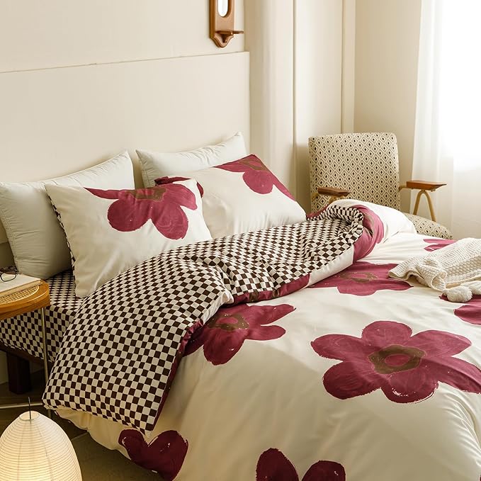 CLOTHKNOW Burgundy Sunflower Queen Comforter Set Floral Bedding Comforter Sets Brown Grid Queen Comforter Boho Comforter with 2 x Pillowcases