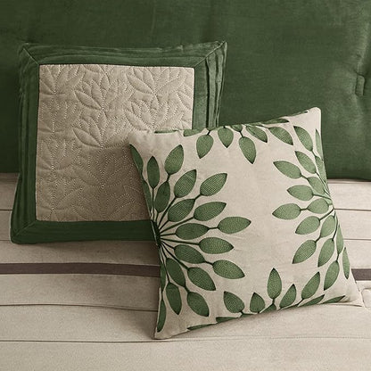 Madison Park Cozy Comforter Set-Luxury Faux Suede Design, Striped Accent, All Season Down Alternative Bedding, Matching Shams, Decorative Pillow, Green, California King (104 in x 92 in)