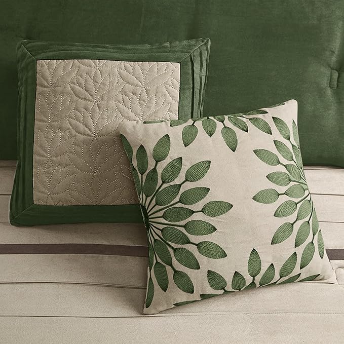 Madison Park Palmer Comforter Set-Luxury Faux Suede Design, Striped Accent, All Season Down Alternative Bedding, Matching Shams, Decorative Pillow, Bed Skirt, Queen (90 in x 90 in), Green 7 Piece