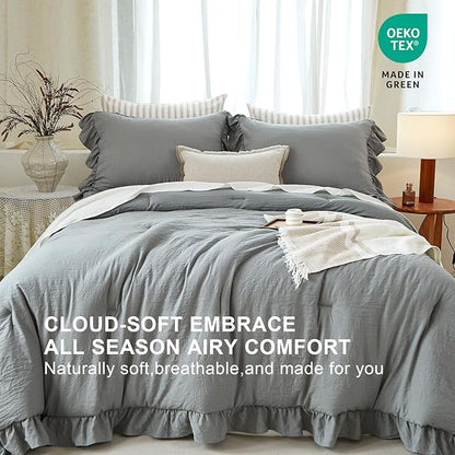 Grey Ruffle Comforter Set King, Pre-Washed Shabby Chic Bedding Set, Lightweight Cottagecore Soft Romantic Cozy 1 Comforter & 2 Shams, All-Season