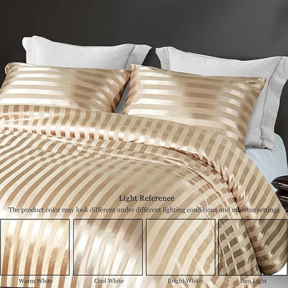 Whale Flotilla 3-Piece Reversible Silky Soft King Size Comforter Set, Luxury Stripe Satin Oversized Comforter Bedding Set with 2 Satin Pillowcases, Lightweight Duvet for All Seasons, Champagne