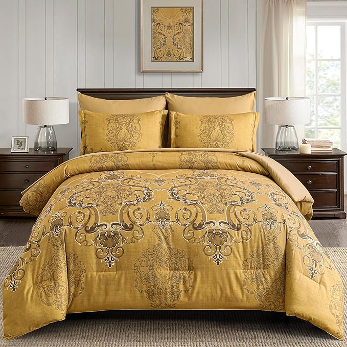 Mybedsoul Gold Queen Comforter Set, 7 Pieces Boho Bed in a Bag for Queen Bed, Damask Comforter with Sheets Pillowcases, Soft Microfiber Lightweight Bedding Sets for All Season(90"x90")