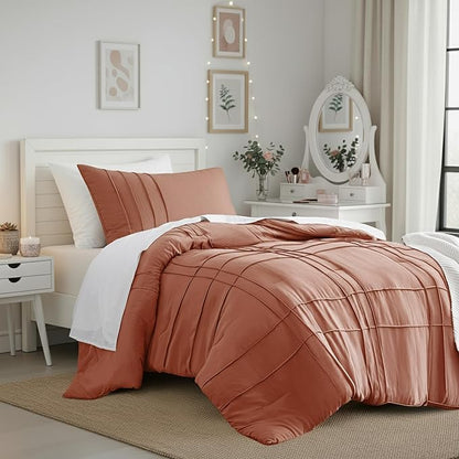 Twin Size Comforter Set Orange, 2 Pieces Bedding Set, Ultra Soft Prewashed Bed Set, Pinch Pleat All Seasons Lightweight Comforter and Sham