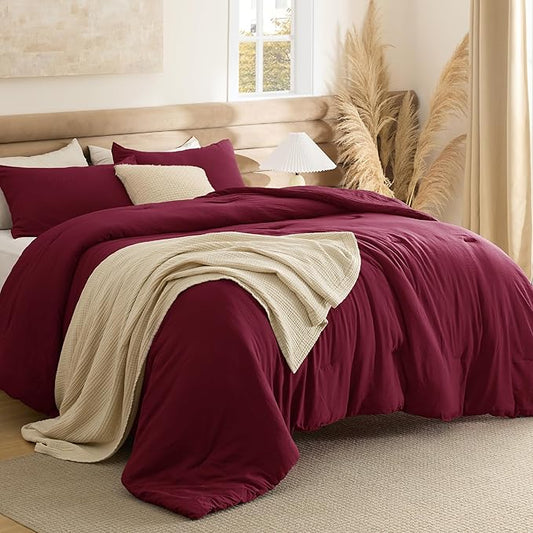 Bedsure Full Comforter Set, Dark Red Soft Prewashed Bedding for All Seasons, 3 Pieces GentleSoft™ Bed Set, 1 Lightweight Comforter (82"x86") and 2 Pillowcases (20"x26")