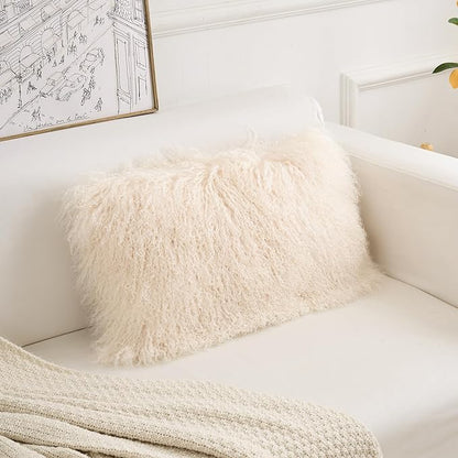 Genuine Mongolian Lamb Fur Pillow Cover – 12"x20" Rectangular Cushion Case – Soft Curly Wool Decorative Accent for Sofa, Bed, or Chair (Beige)