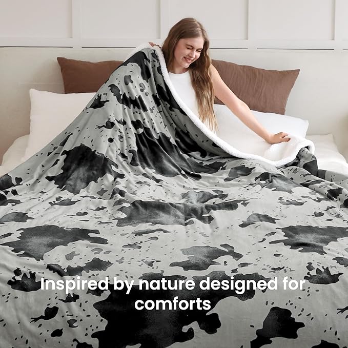 Cow Print Electric Heated Blanket Queen-Dual Control Heating Blanket Queen Size with 10 Heat Levels & 10 Hours Auto-Off, Cozy Soft Fleece Sherpa, Washable, 84x90 Inche Cow Print Grey