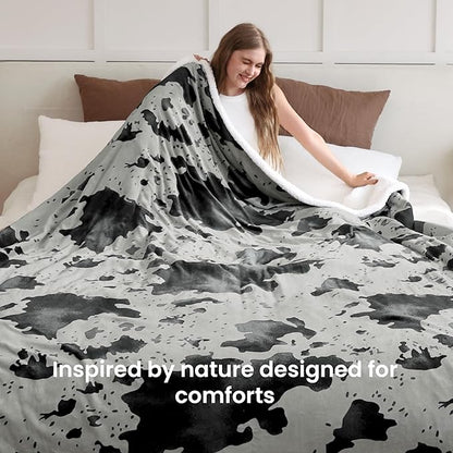 Cow Print Electric Heated Blanket Queen-Dual Control Heating Blanket Queen Size with 10 Heat Levels & 10 Hours Auto-Off, Cozy Soft Fleece Sherpa, Washable, 84x90 Inche Cow Print Grey