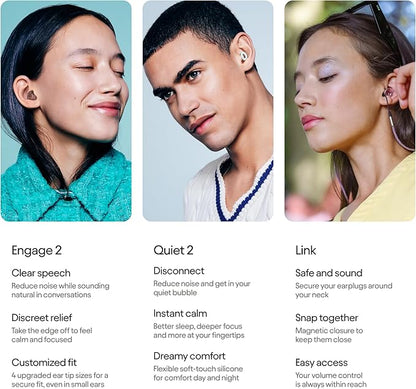 Loop Earplugs Everyday Link Bundle (2-Pack) | Engage 2 + Quiet 2 + Link | Reusable Ear Plugs for Sleep, Focus, Noise Sensitivity, Socializing & More | 16 dB/24 dB Noise Reduction