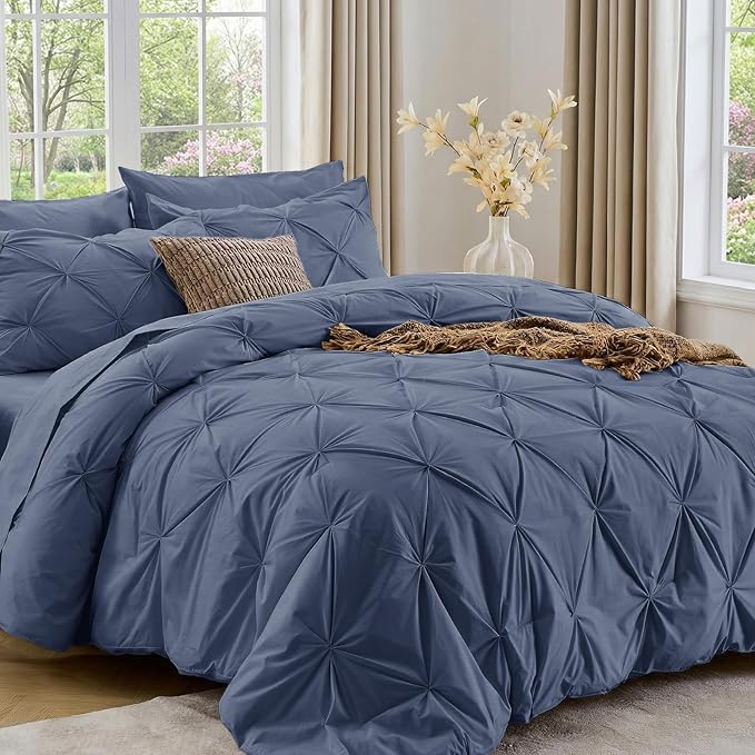 Sasttie Queen Comforter Set, 7-Piece Bed in a Bag, Pintuck Bedding Sets for All Season, Includes Comforter, Flat Sheet, Fitted Sheet, Pillowcases and Pillowshams, Indigo Blue