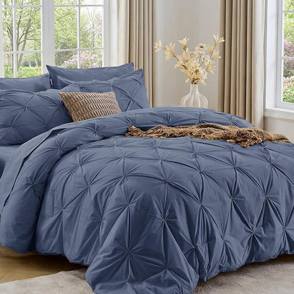 Sasttie Queen Comforter Set, 7-Piece Bed in a Bag, Pintuck Bedding Sets for All Season, Includes Comforter, Flat Sheet, Fitted Sheet, Pillowcases and Pillowshams, Indigo Blue