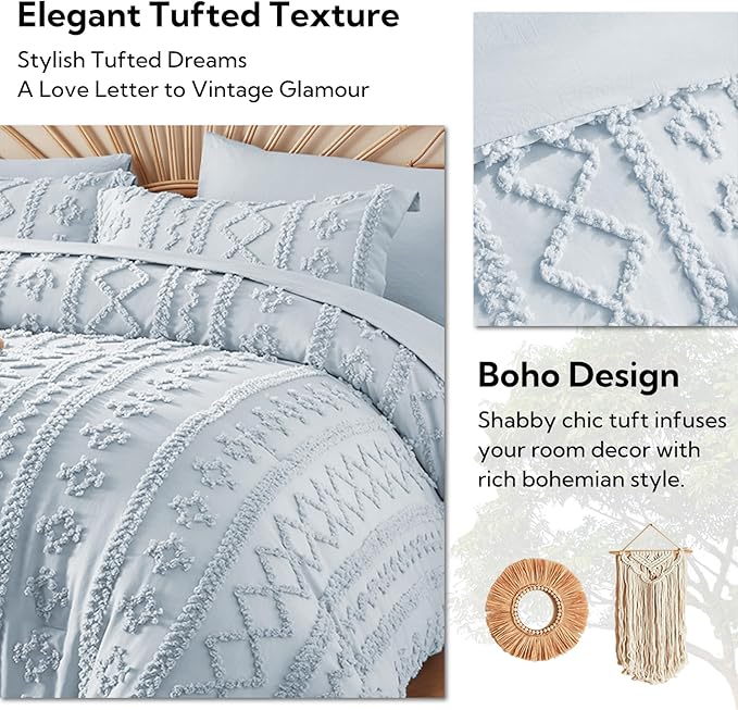 MR&HM Twin XL Comforter Set Dusty Blue, 5 Pieces Bedding Set, Farmhouse Shabby Chic Bed in a Bag with 1 Comforter, 1 Pillow Shams, 1 Pillowcases, 1 Flat Sheet, 1 Fitted Sheet for College Dorm
