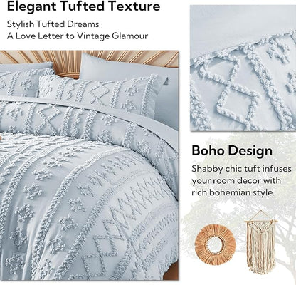 MR&HM Boho Comforter Set Full, Dusty Blue 7 Pieces Bedding Set, Farmhouse Shabby Chic Bed in a Bag with 1 Comforter, 2 Pillow Shams, 2 Pillowcases, 1 Flat Sheet, 1 Fitted Sheet for All Seasons
