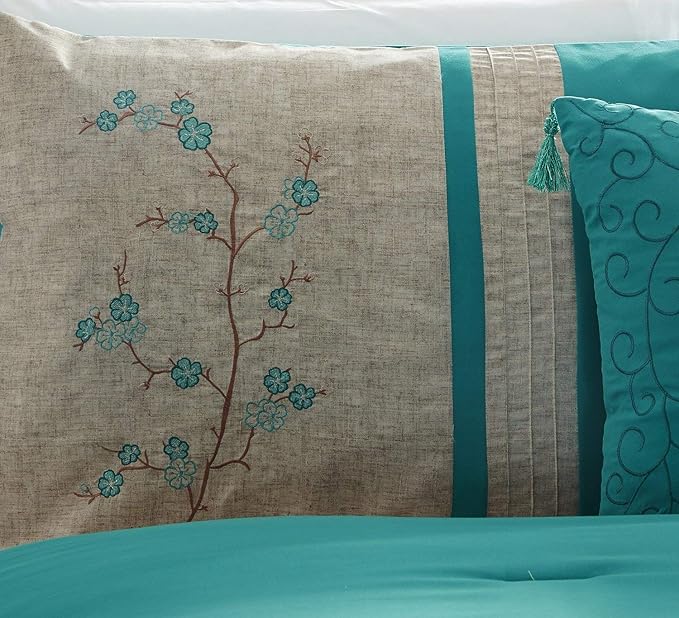 Chezmoi Collection Noriko Luxury 7-Piece Teal Cherry Blossoms Floral Embroidery Bedding Comforter Set, Full